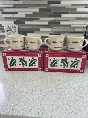 Longaberger Traditional Holly, Small Coffee Mugs - Set of 4 - New in Box